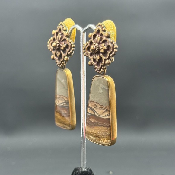 Stephen Dweck 2.5" Bronze & Sterling Silver Clip-On Earrings w/ Onyx - Picture 2 of 9